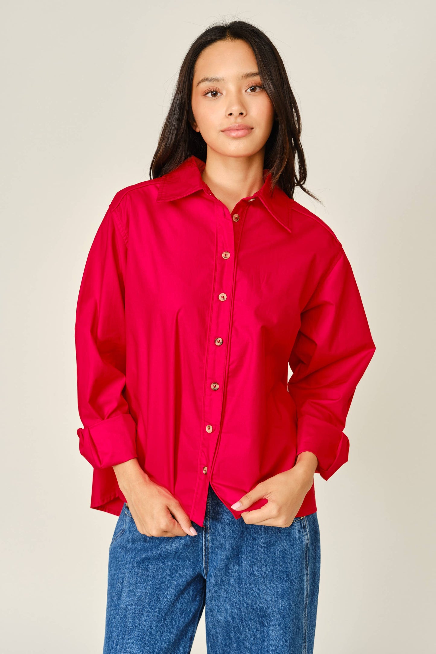 Aaron & Amber - AJT6539 OVERSIZED CLASSIC BUTTON DOWN SHIRT: OFF WHITE / S-M-L (2-2-2)