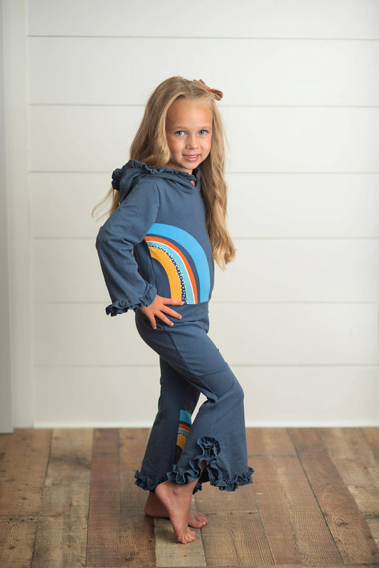 Navy Blue Rainbow Hooded Ruffle Sweatsuit Lounge Set