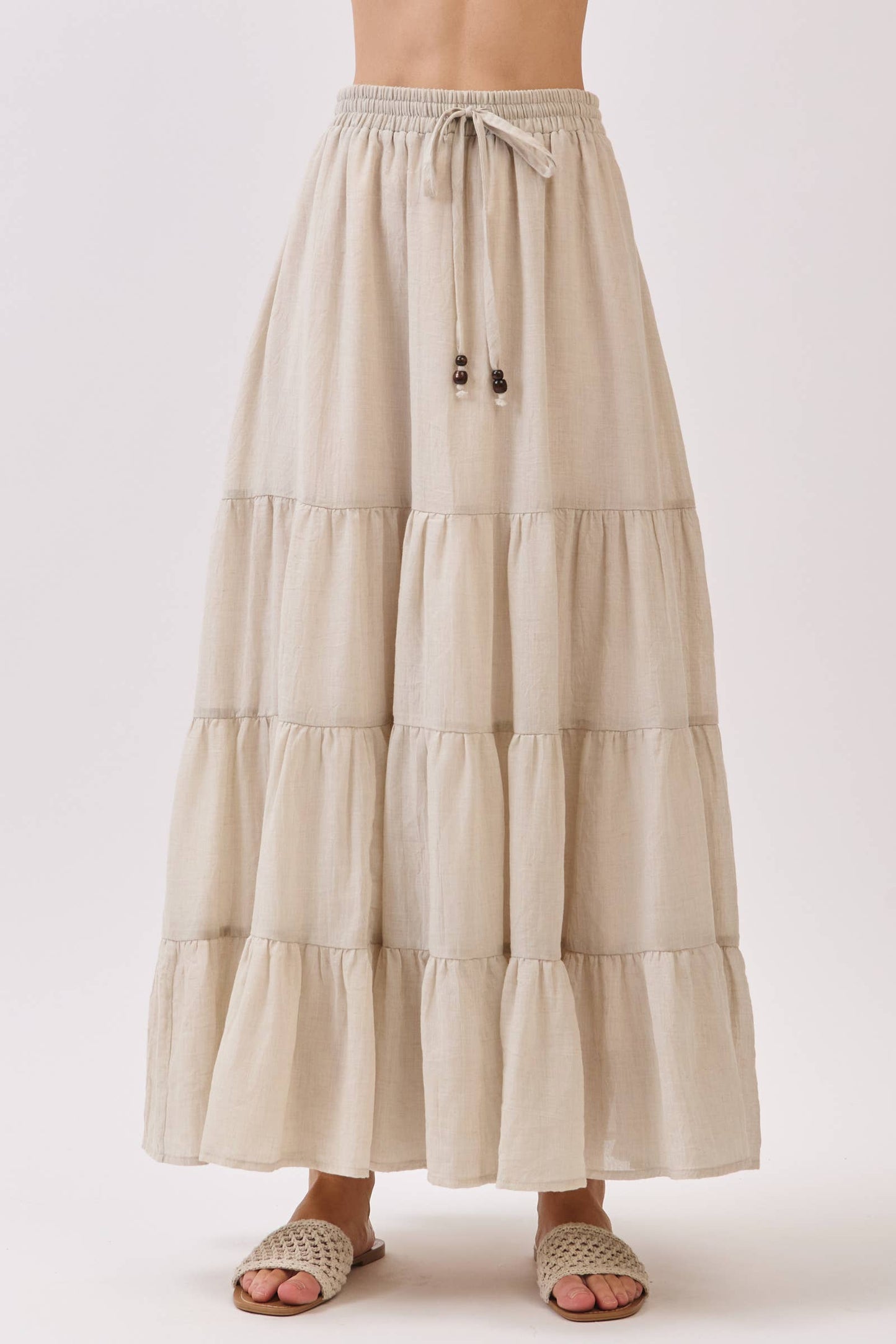 Final Touch - Tiered Coconut Tie Detail Maxi Skirt - VS3009: OLIVE / S