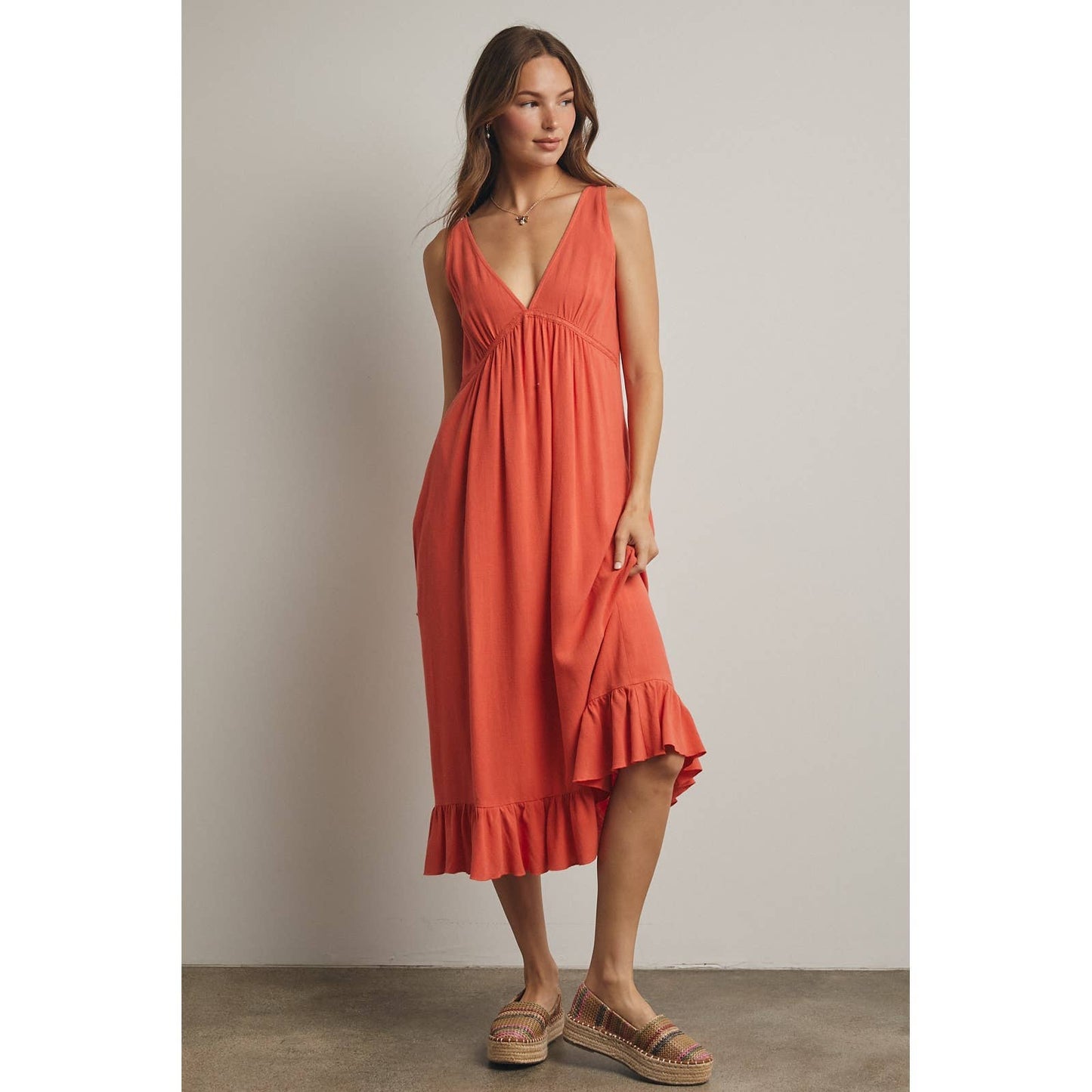 Sleeveless Ruffle Trim Midi Dress