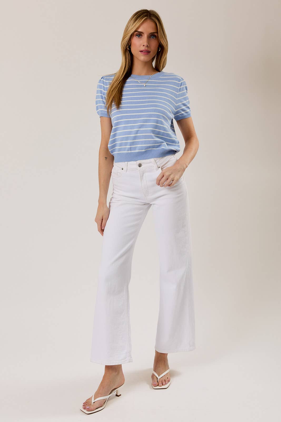 Sunday Edition by LE LIS - HALF SLEEVE CREW NECK PUFF STRIPED SWEATER TOP: LT BLUE-WHITE STRIPE / M