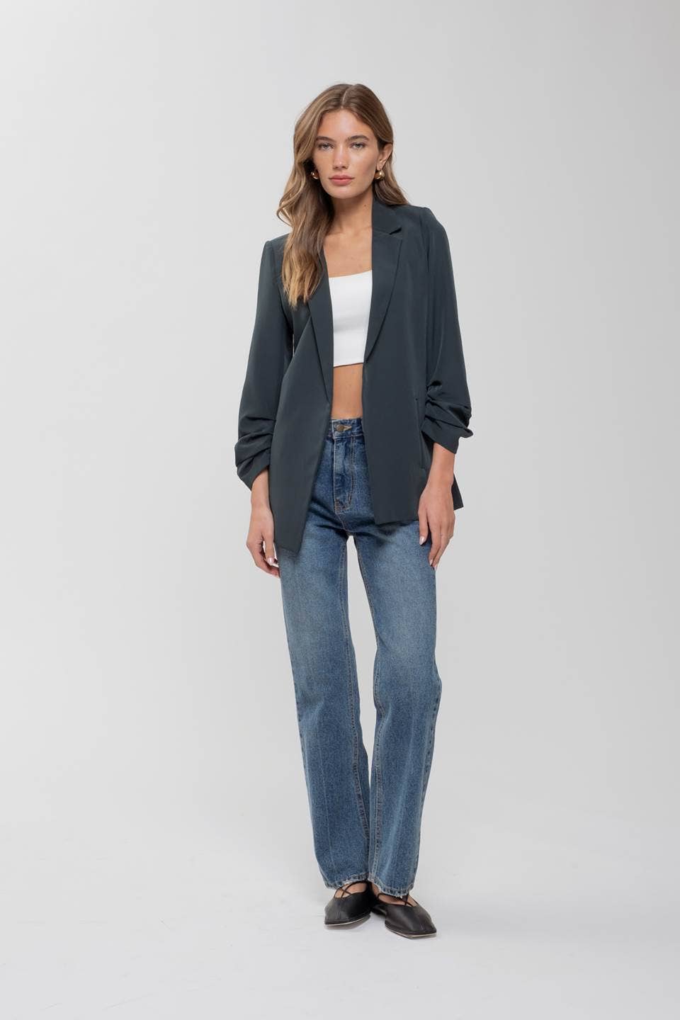 Ruched Sleeve Blazer in Hunter Green