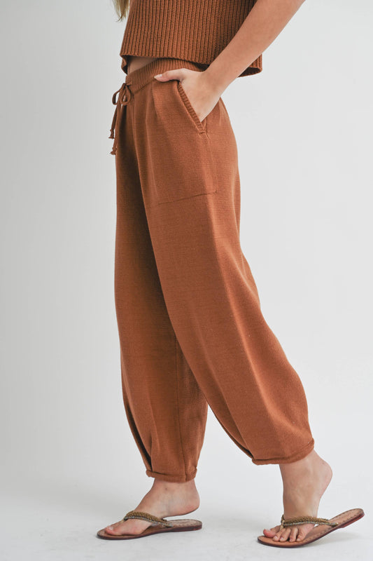 Pleated Bottom Detail Knitted Pants - Toffee