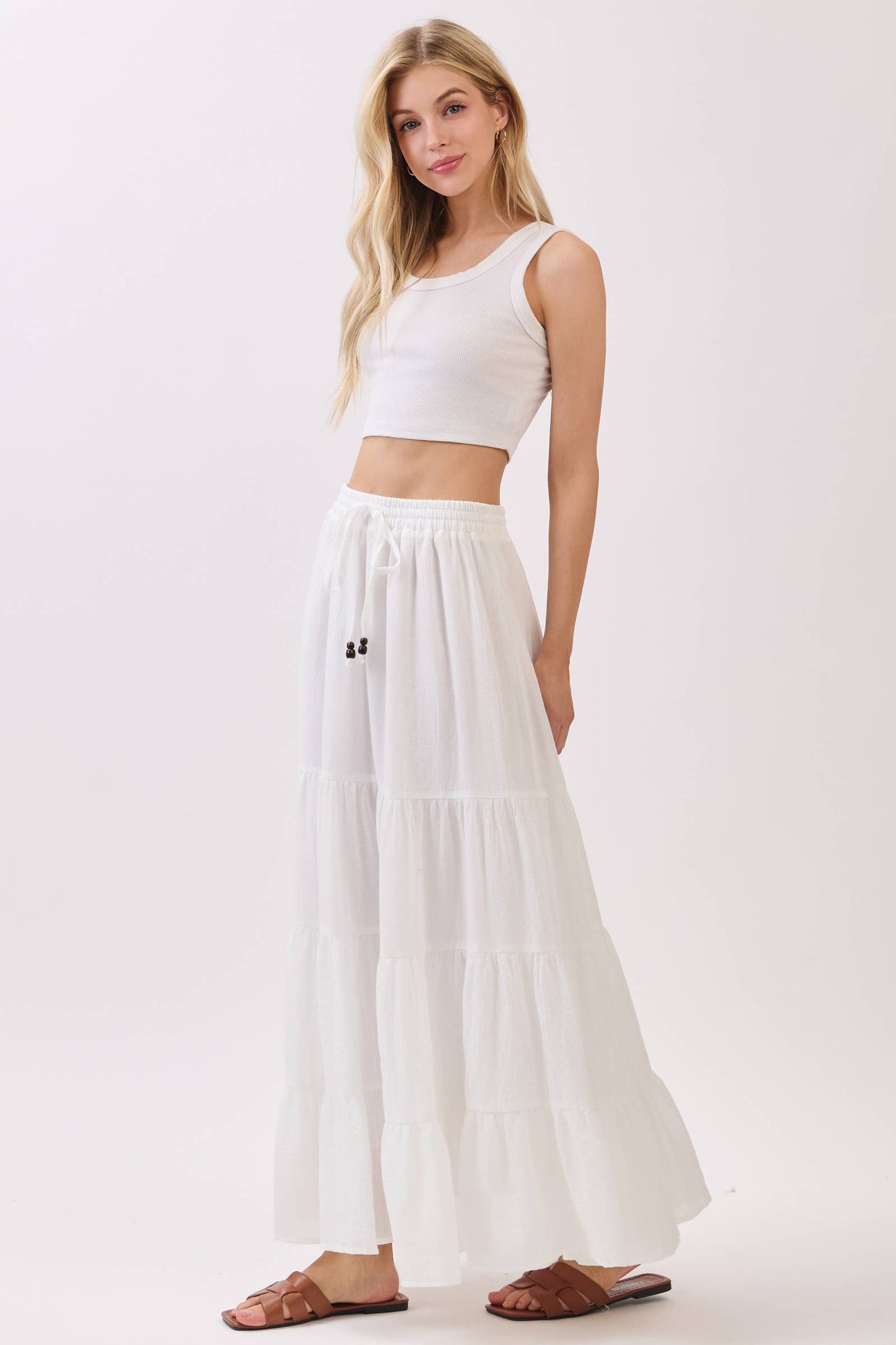 Final Touch - Tiered Coconut Tie Detail Maxi Skirt - VS3009: OLIVE / M