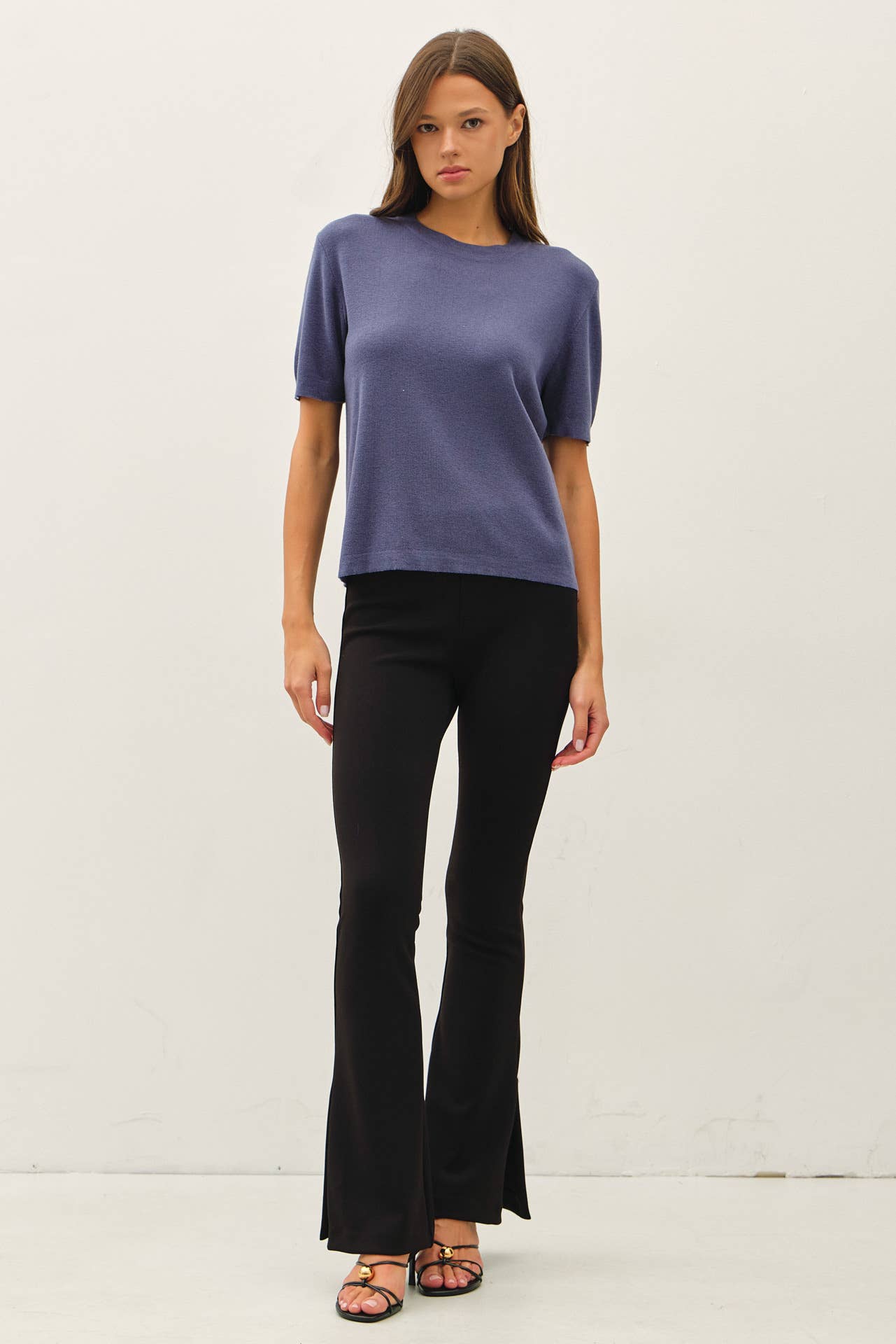 Be Cool - CASHMERE BLENDED SHORT SLEEVE SWEATER  : SLATE BLUE / L