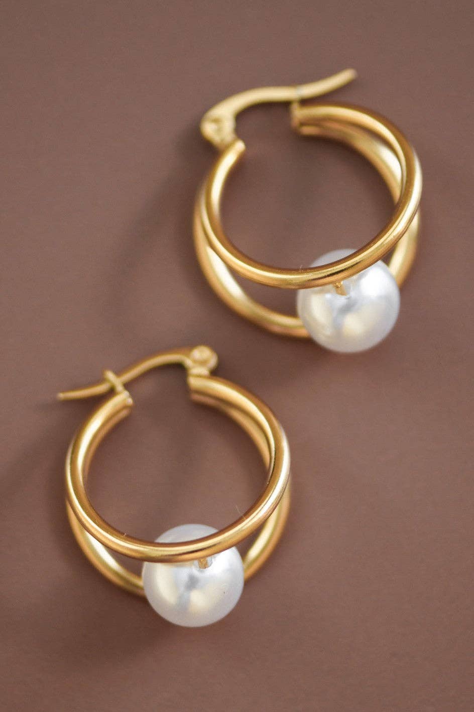 18K Gold Plated Waterproof Stainless Steel Pearl Hoop Earrings