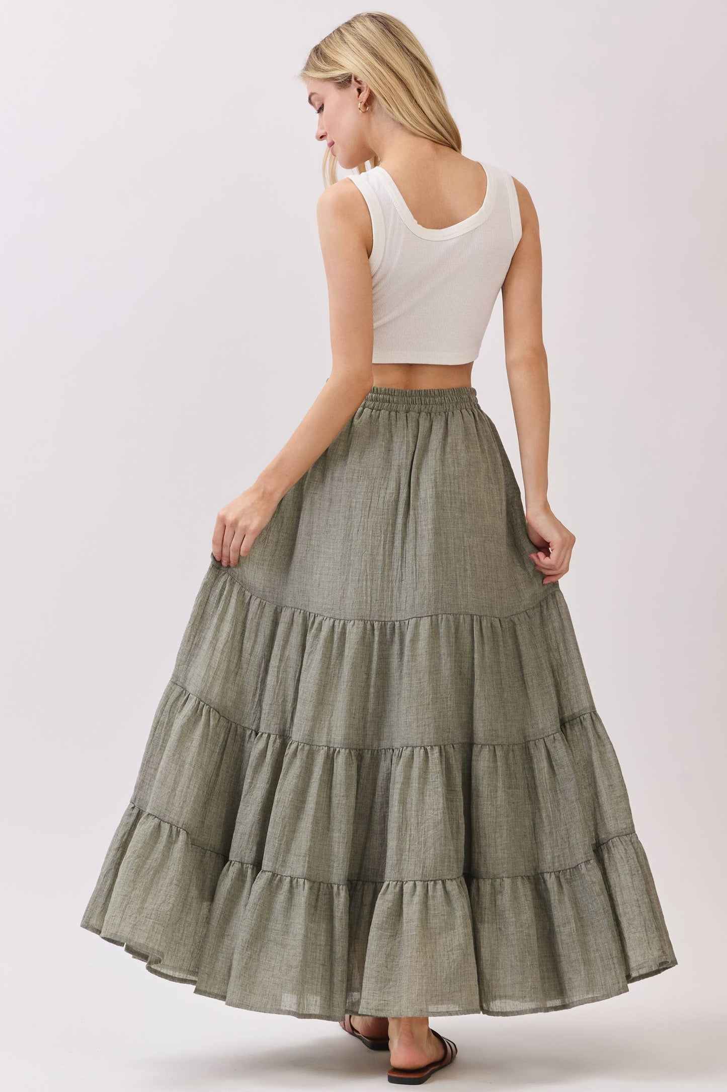 Final Touch - Tiered Coconut Tie Detail Maxi Skirt - VS3009: OLIVE / M