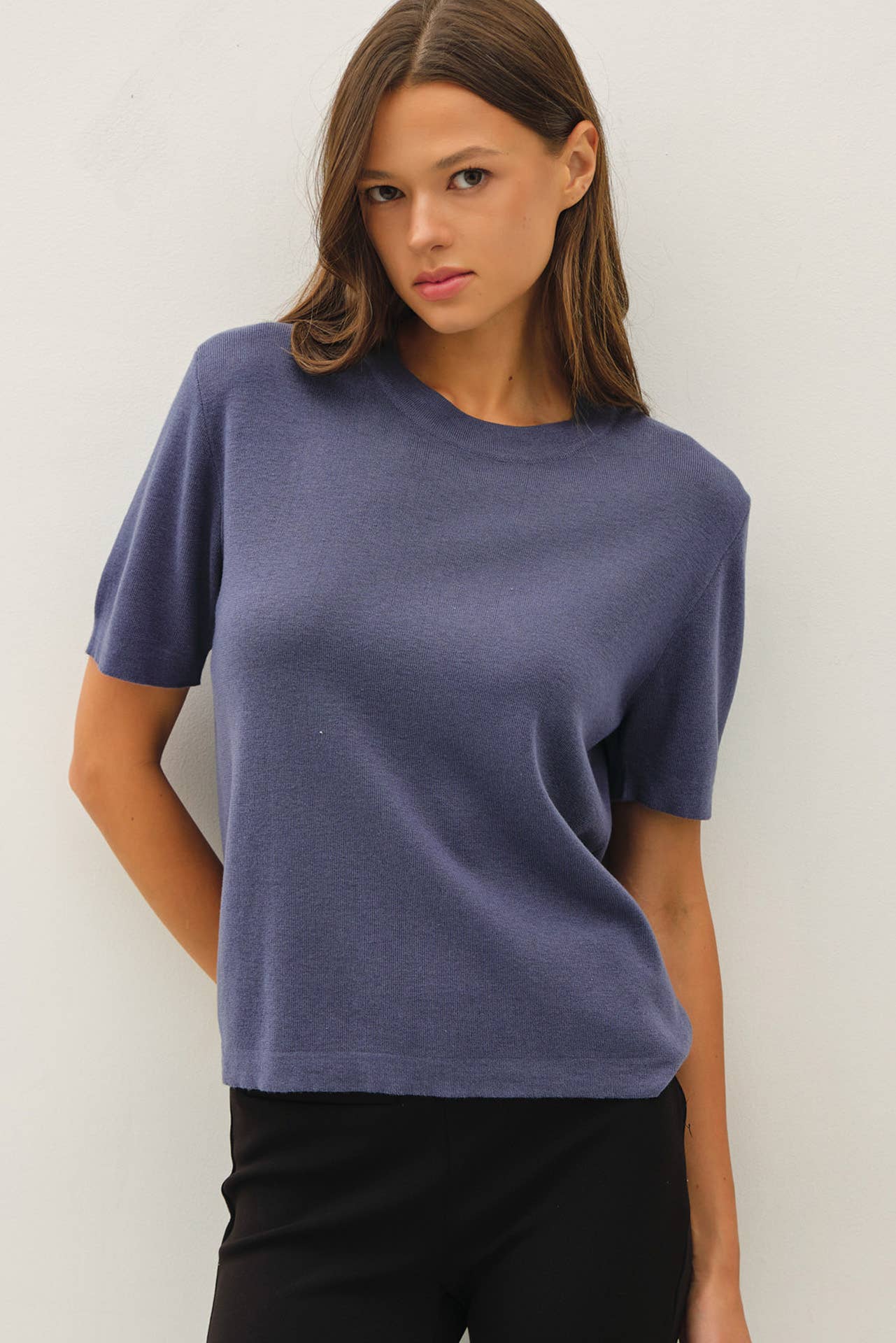 Be Cool - CASHMERE BLENDED SHORT SLEEVE SWEATER  : SLATE BLUE / L