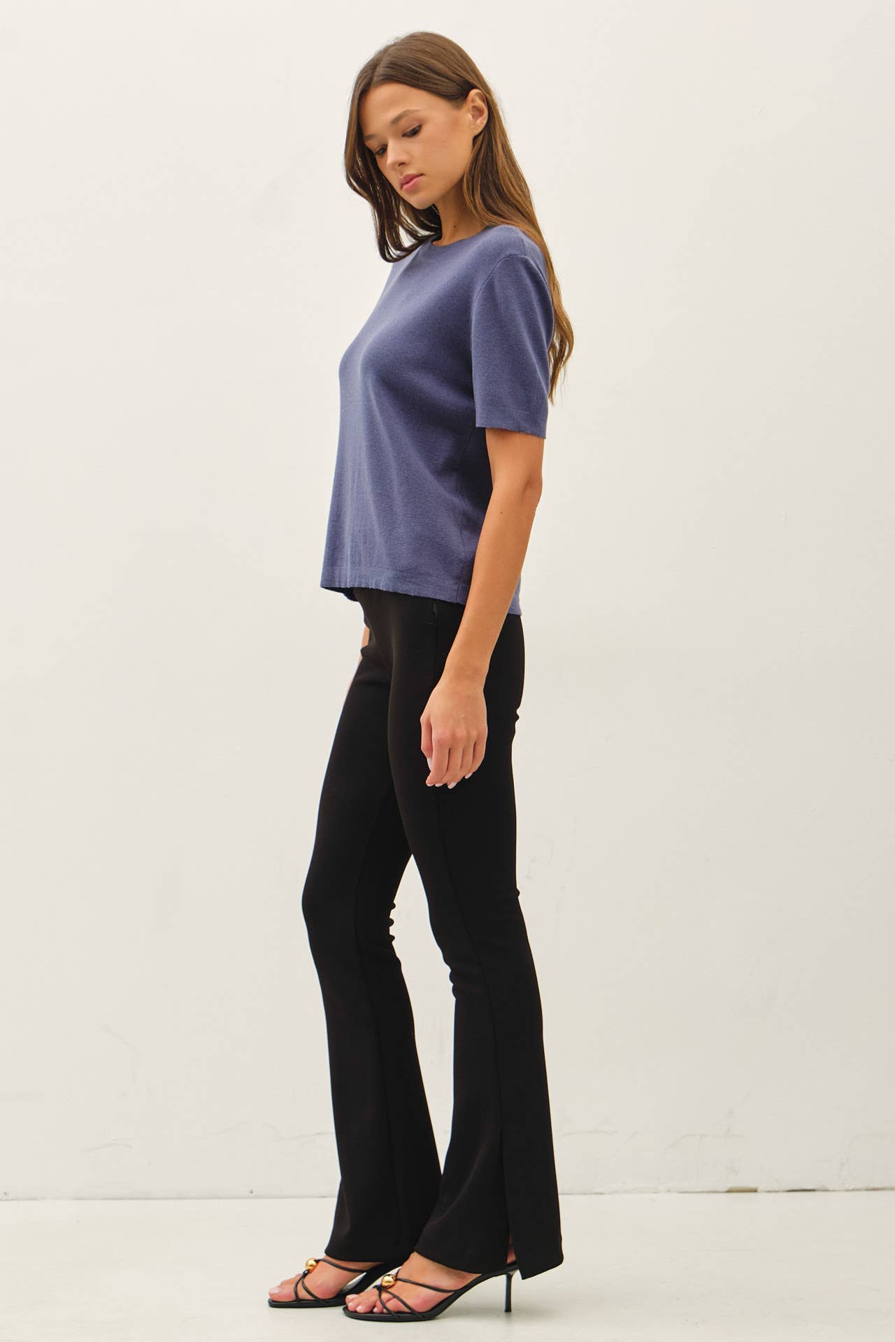 Be Cool - CASHMERE BLENDED SHORT SLEEVE SWEATER  : SLATE BLUE / M