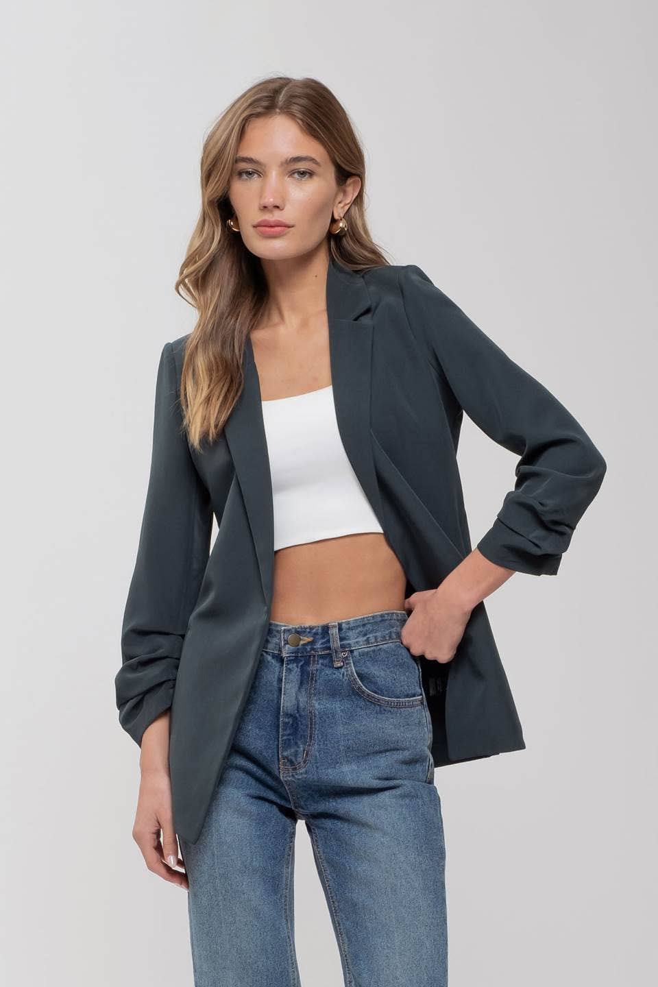 Ruched Sleeve Blazer in Hunter Green