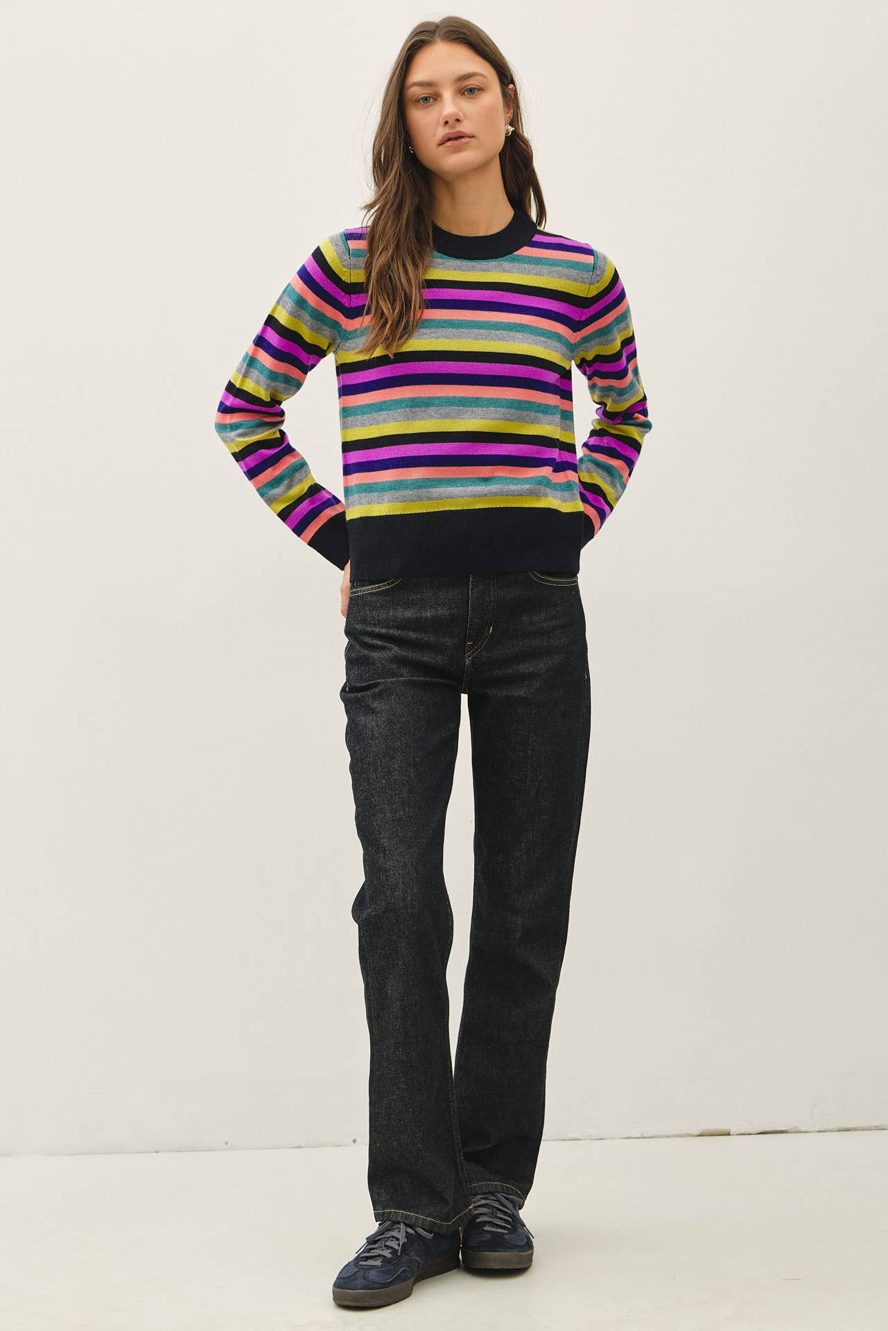 Be Cool - WOOL BLENDED MULTI COLOR STRIPE SWEATER : Black / S