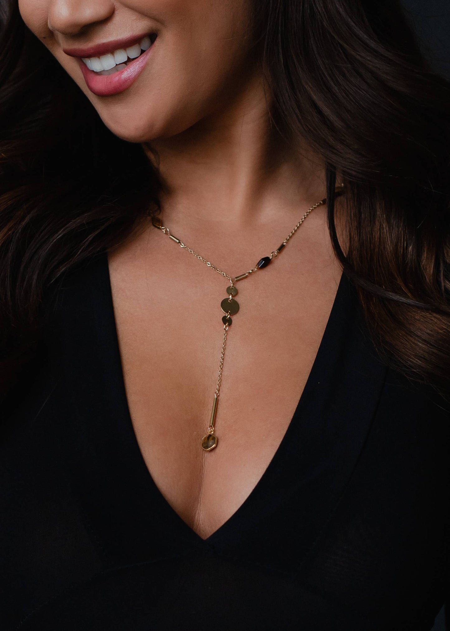 Gold & Brown Beaded Lariat Necklace