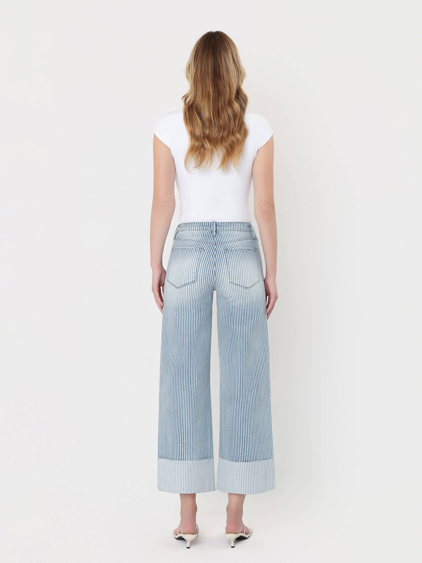 HIGH RISE CUFFED STRIPED CROP WIDE JEANS V3859STN: STRIPE