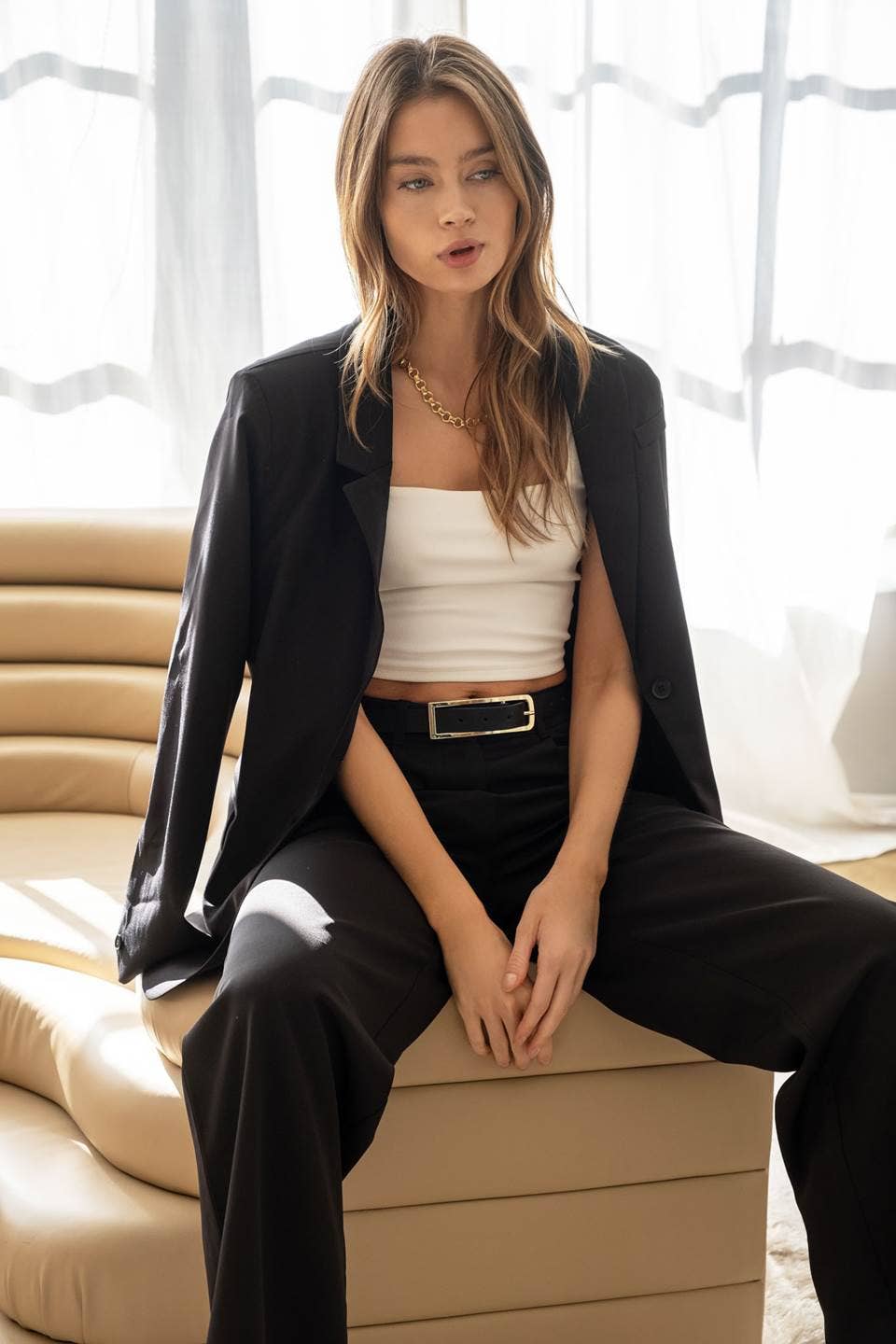 Solid Long Sleeve Blazer - Black