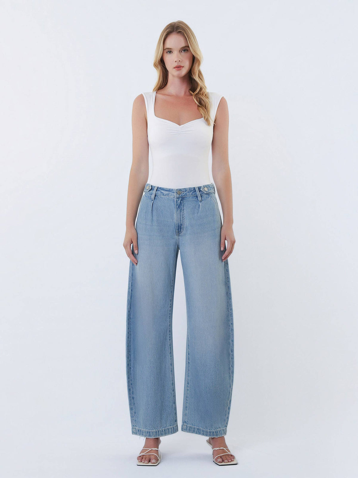 HIGH RISE PLEATED TAB WAISTBAND BARREL LEG JEANS: UPBEAT