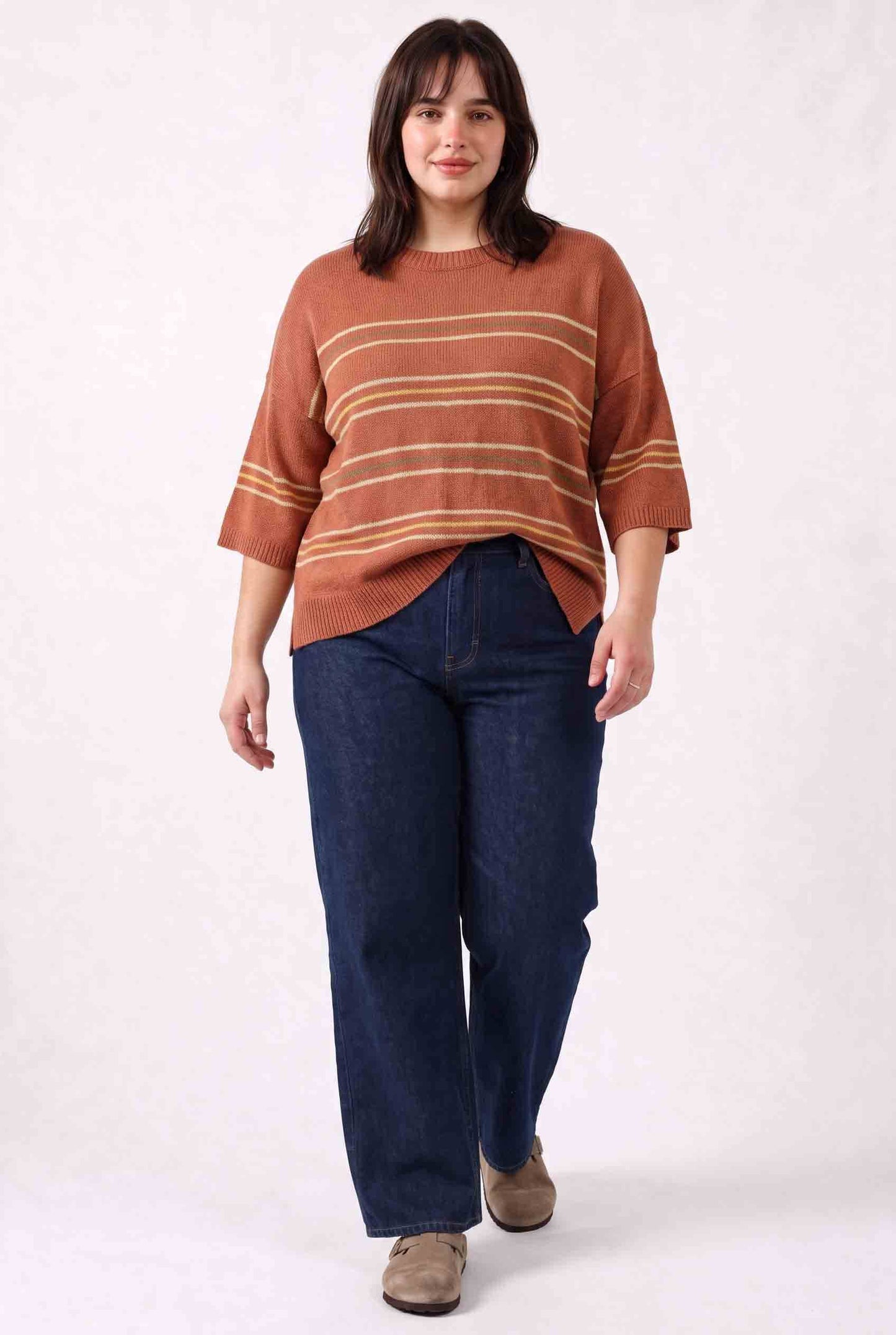 Be Cool - [PLUS] OVER SIZED DROP SHOULDER STRIPED SWEATER : SAGE / 3X