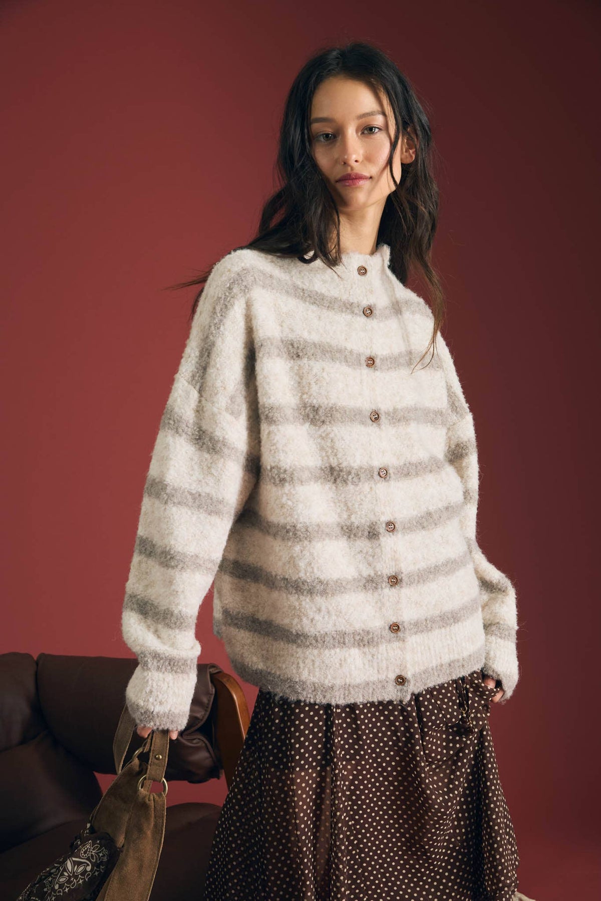 STRIPE MOCK NECK BUTTON DOWN FUZZY KNIT CARDIGAN