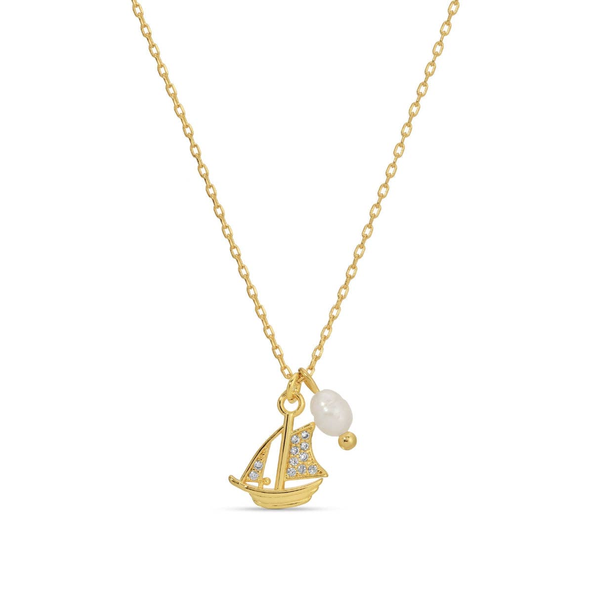 Splendid Iris - Pavé Sailboat Pendant Necklace with Freshwater Pearl: Gold