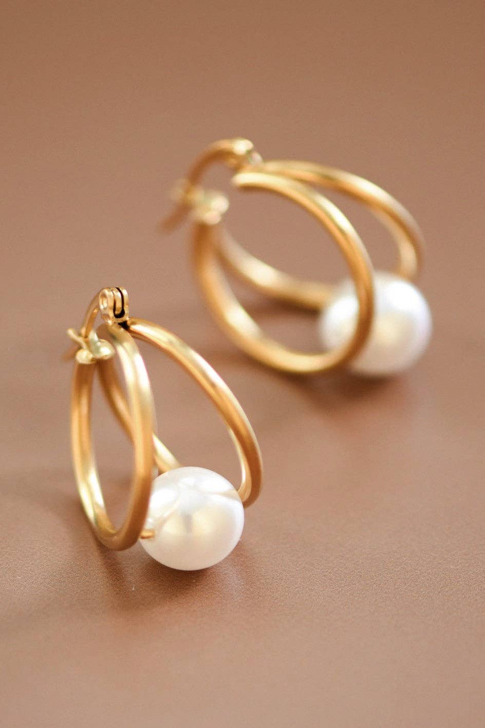 18K Gold Plated Waterproof Stainless Steel Pearl Hoop Earrings