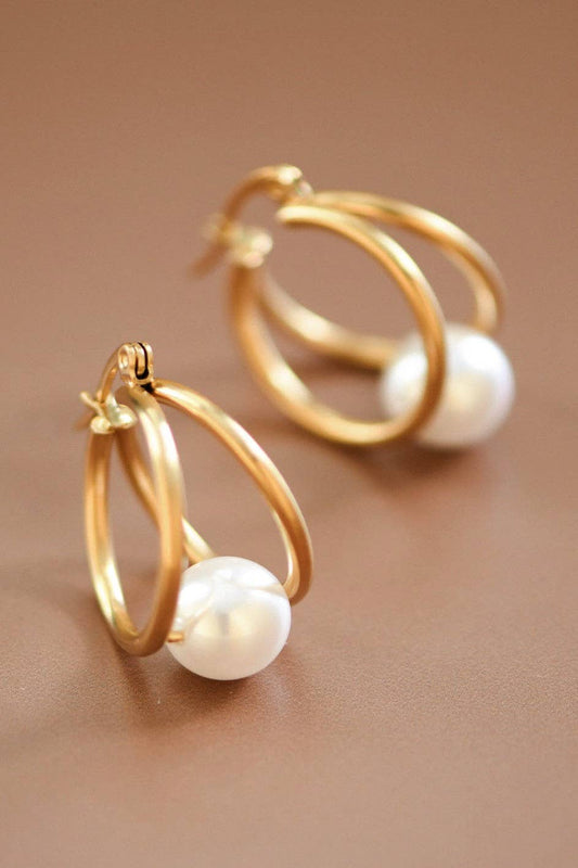 18K Gold Plated Waterproof Stainless Steel Pearl Hoop Earrings