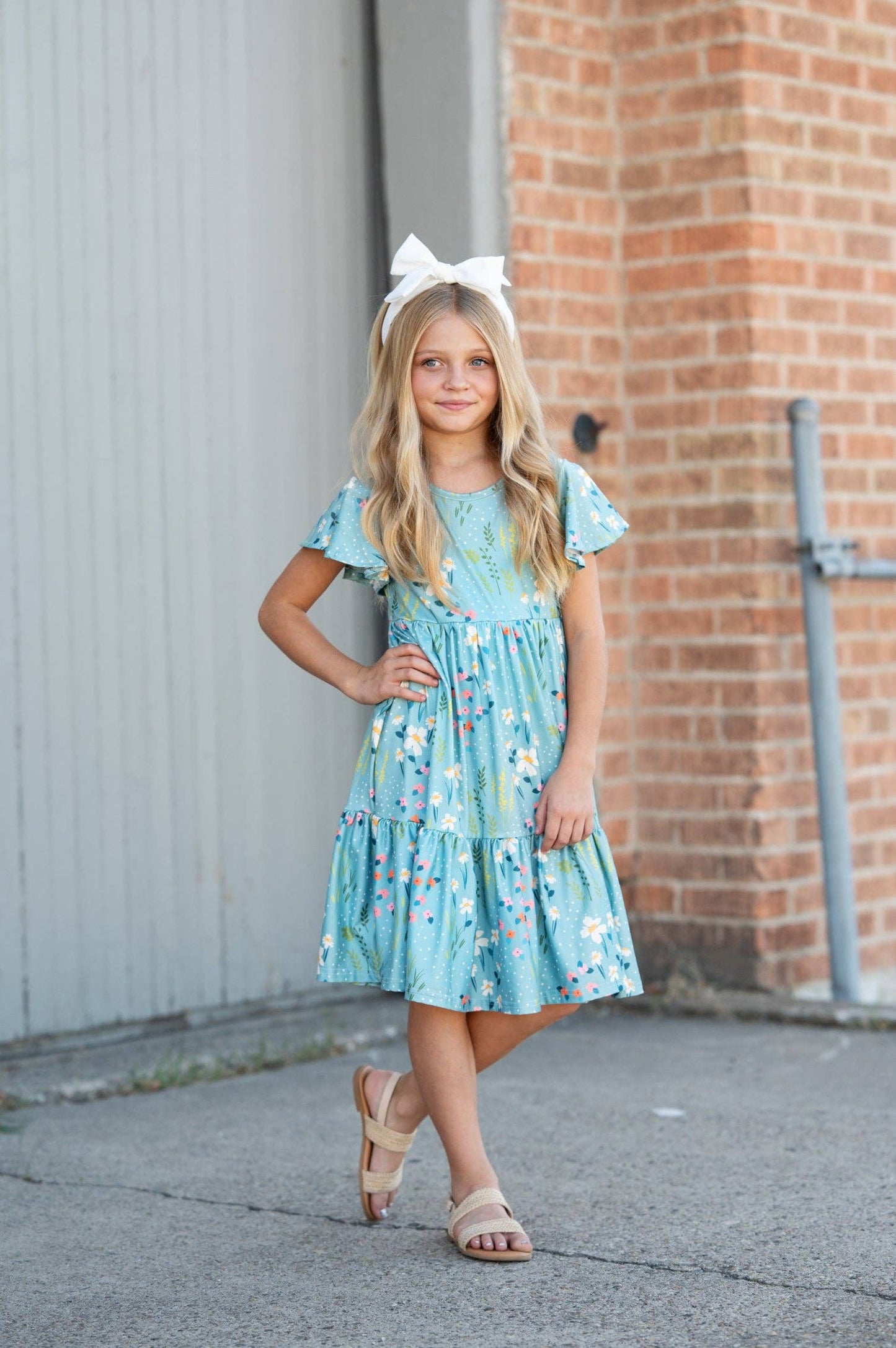 Girls Emma Teal Summer Willow Floral Flutter Sleeve Dress