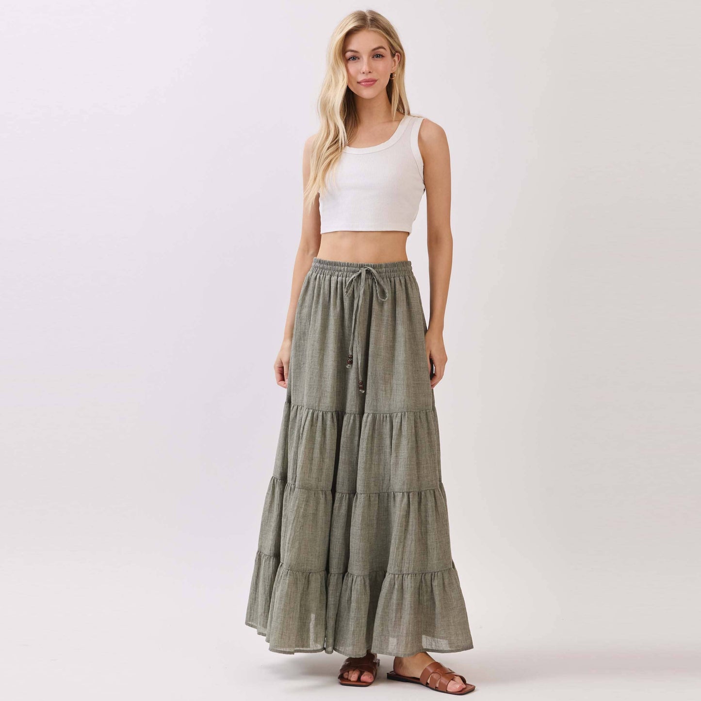 Final Touch - Tiered Coconut Tie Detail Maxi Skirt - VS3009: OLIVE / S