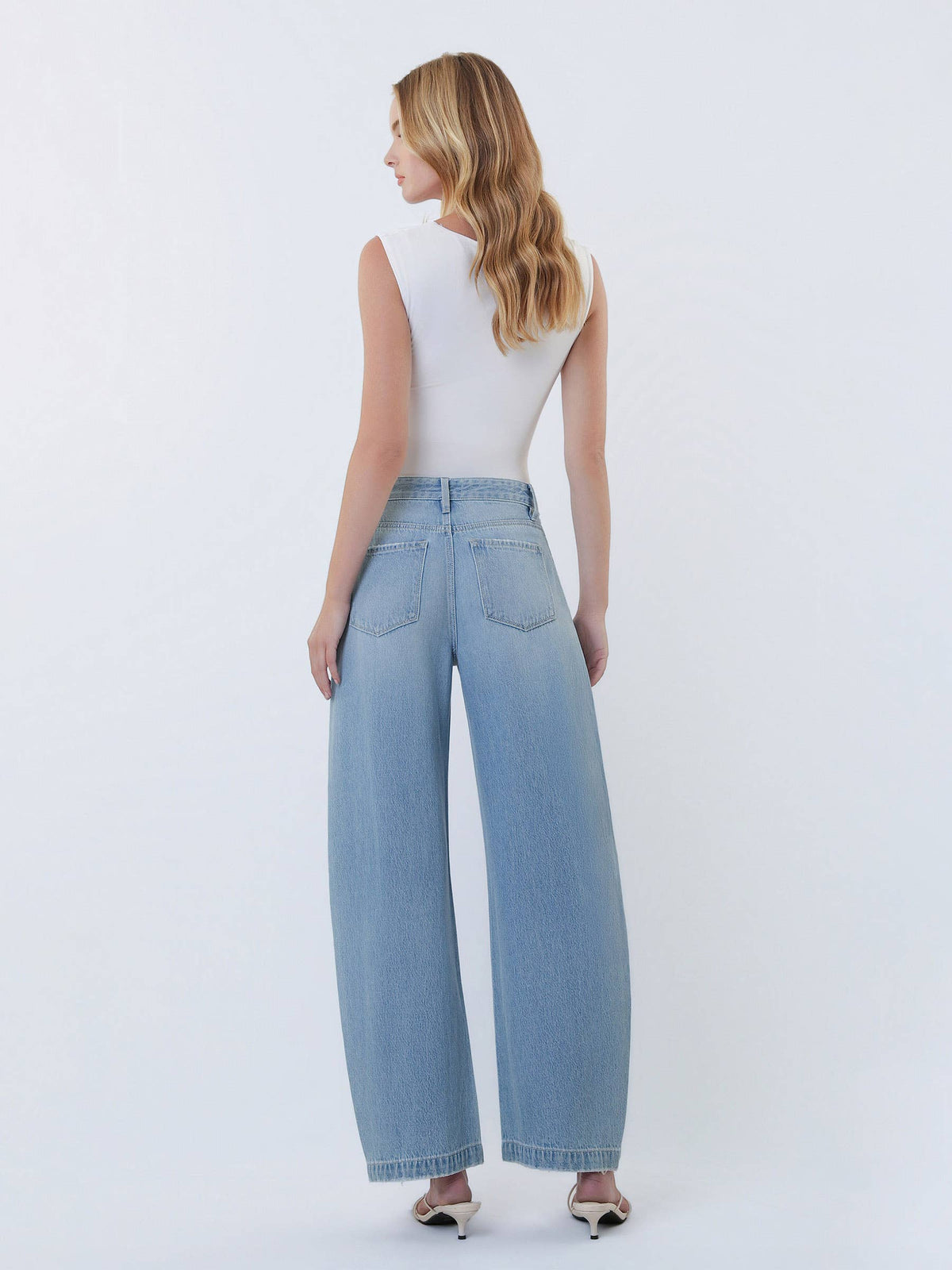 HIGH RISE PLEATED TAB WAISTBAND BARREL LEG JEANS: UPBEAT