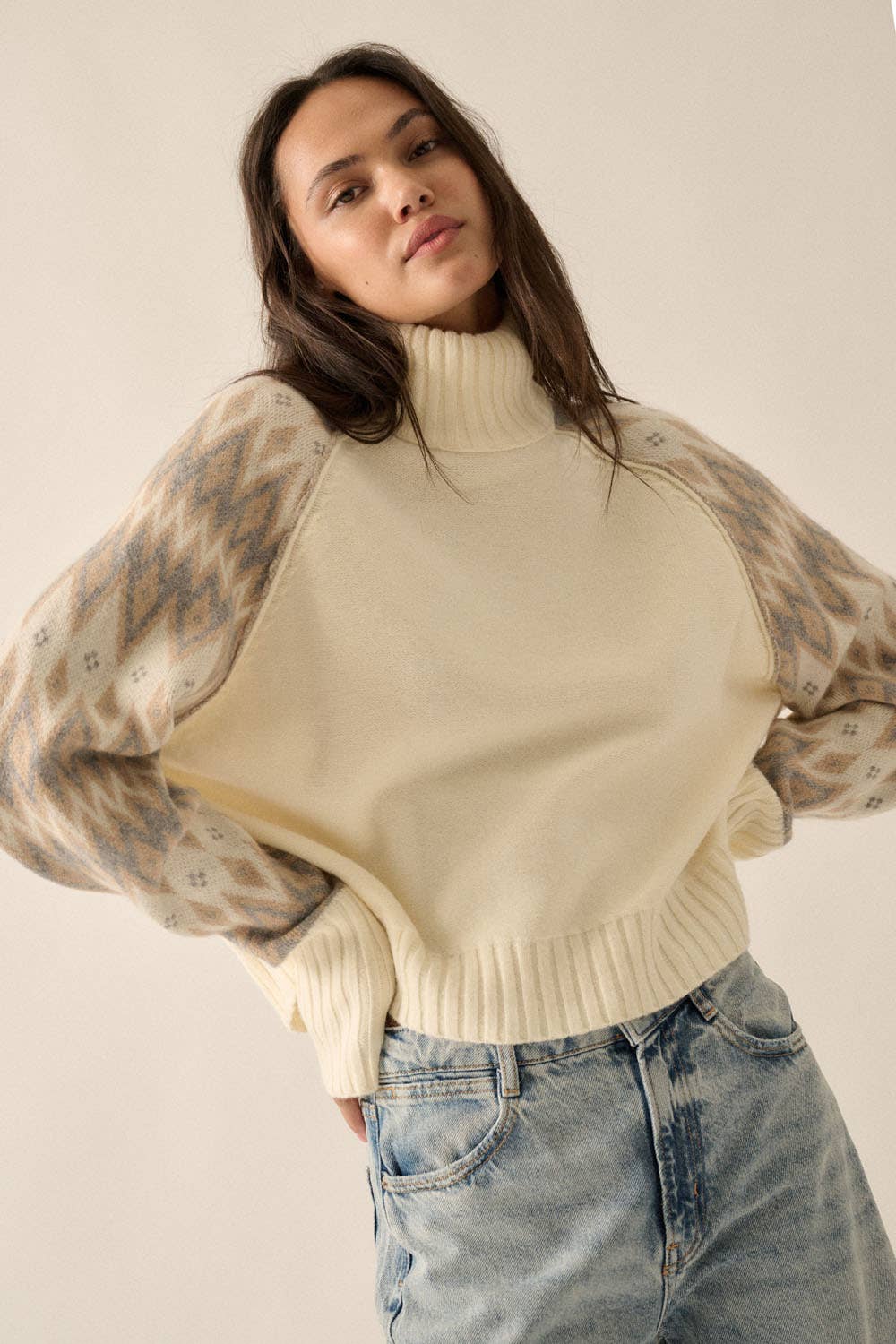 Knit Geo-Print Raglan-Sleeve Turtleneck Sweater