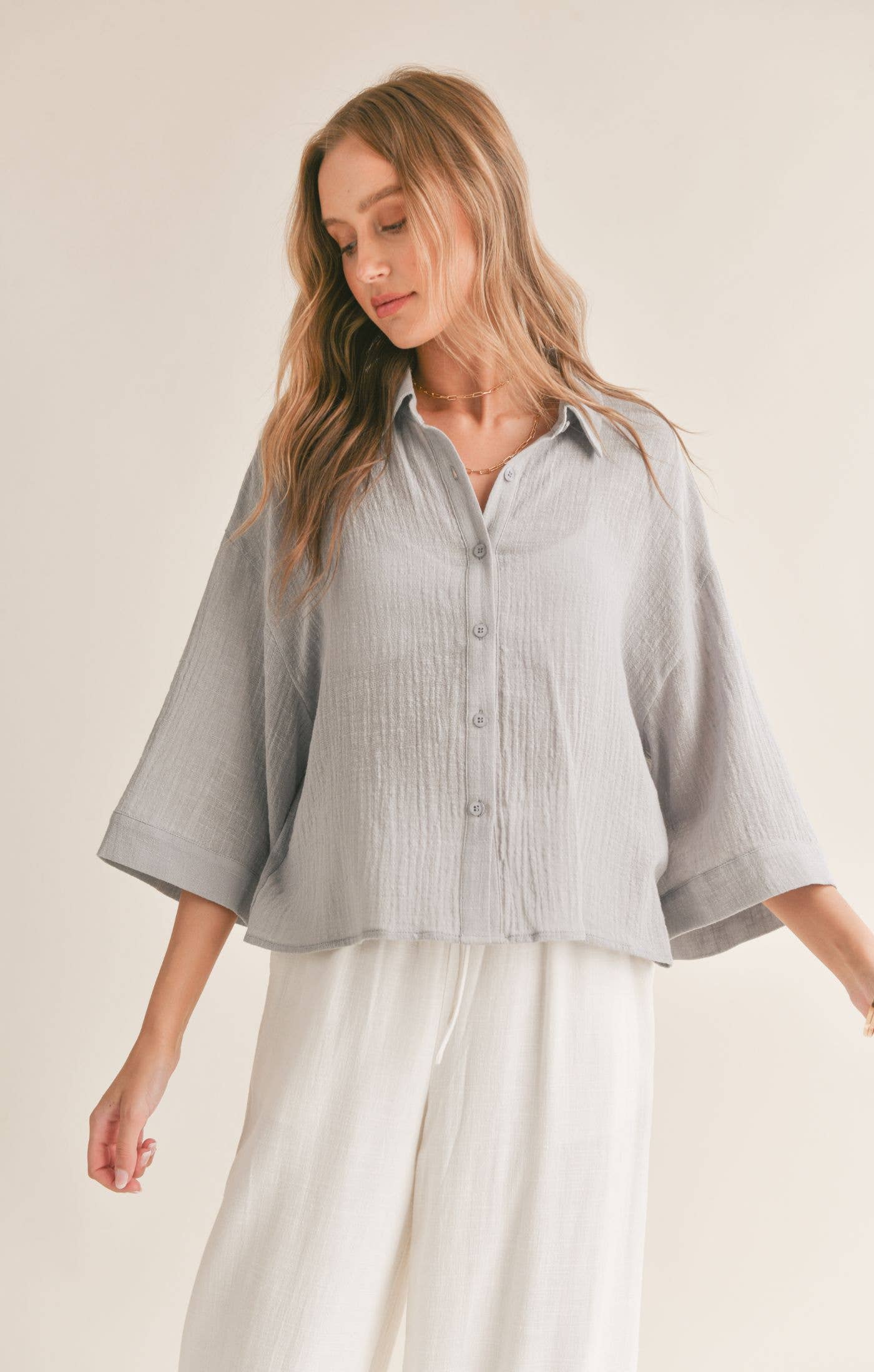 Bird Song Cuffed Boxy Oversized Shirt in Cloud Blue